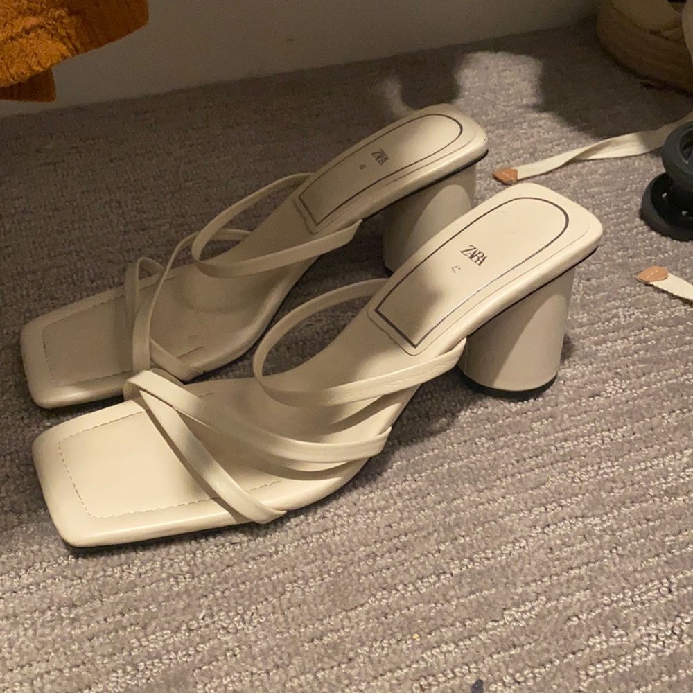 Zara Cream Strappy Square-Toe Block Heel Sandals